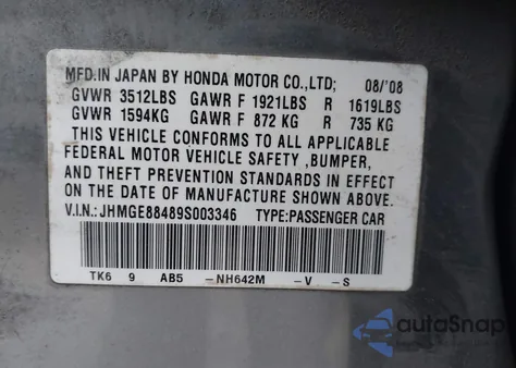 2009 Honda Fit Sport from USA, damaged, VIN JHMGE88489S003346